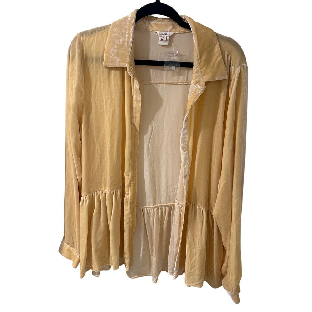 Sundance Yellow 100% Silk Crushed Velvet Peplum Button-Up Shirt, XL NWOT